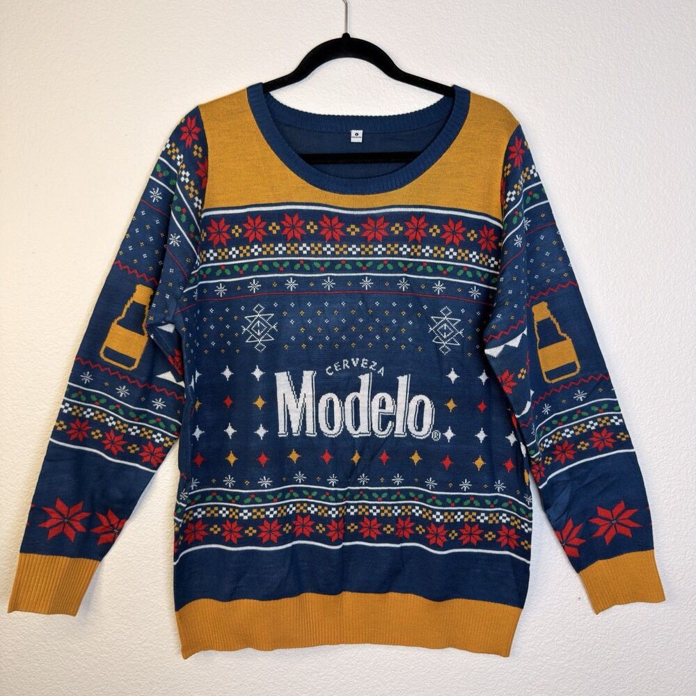 Modelo Cerveza Beer Ugly Christmas Sweater Mens Large Navy Blue Holiday Knit